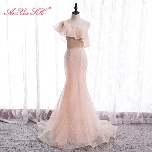 AnXin SH princes pink lace trumpet evening dress vintage party one shoulder sparkly ruffles mermaid lace up bride evening dress