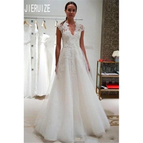 JIERUIZE New Vintage A Line Wedding Dresses Cap Sleeve V Neck Appliques Covered Button Back Long Bridal Gowns robe de mariee