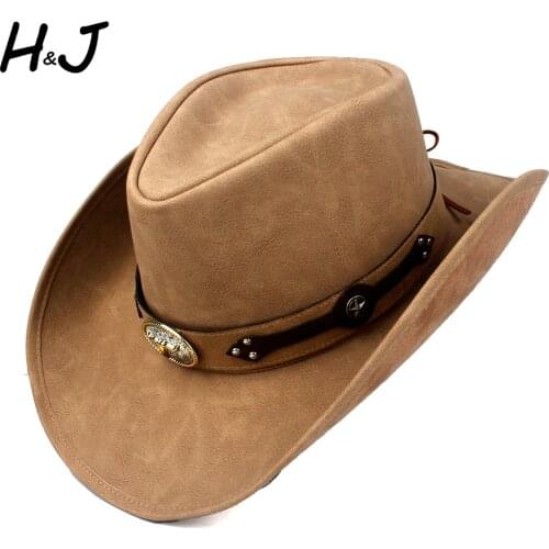100% Leather Men Western Cowboy Hat Gentleman Dad Fedora Church Sombrero Hombre Jazz Cap Big Size XXL Drop Shipping