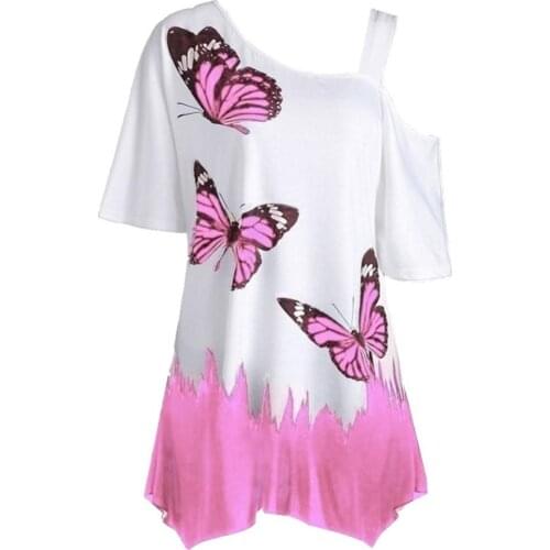 2021 Plus Size Women Butterfly Print T-shirt Cold Shoulder Short Sleeve Tunic Tee Top Base Daily Shirts for Daily Life