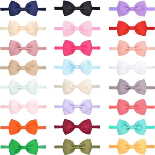 24 pcs/lot Solid Grograin Ribbon Samll Bow Baby Headband For Girl kids Nylon Elastic Hair Bands New Headwear Hair Accessories