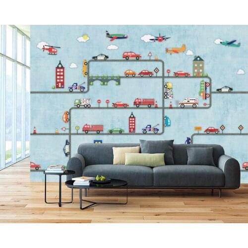 3D Papel de parede Blue Car Train Bus 3d Cartoon Wallpaper Rolls for Kids Child Baby Room 3d Wall Paper Mural covering Decor