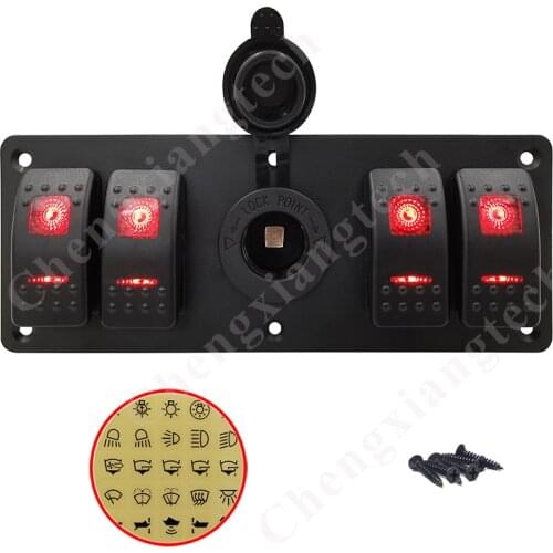 4 Gang 5Pin On/Off Red Led Toggle Rocker Switch Panel with Car Boat Marine 12V-24V Cigarette Lighter Power Socket + Stickers