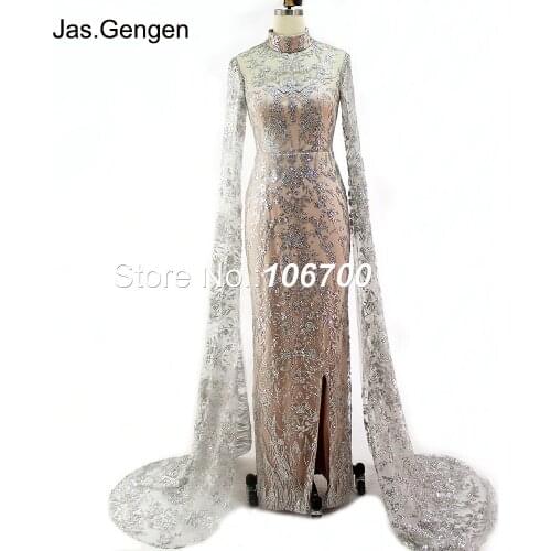 Bling Glitter Long Evening Dress Full Length Sleeves High Neck Sheer illusion Neck Front Splits Prom Gowns abendkleider 2019