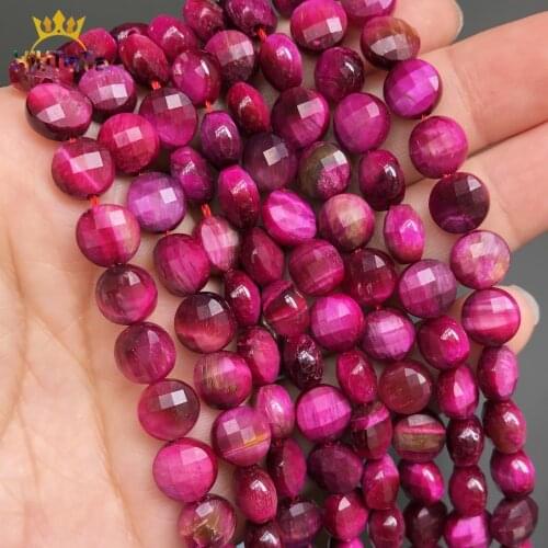 8*8mm Natural Faceted Stone Beads Fuschia Tiger Eye Round Beads For DIY Jewelry Making Coin Shape Bead Bracelet Accessories 15