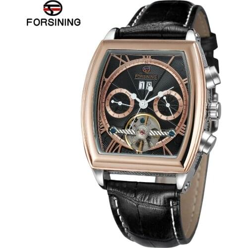 Forsining Brand Mens Automatic Sef-wind Movement Branded Clock With Complete Calendar Tonneau Shape Leather Luxury Wrist Watches