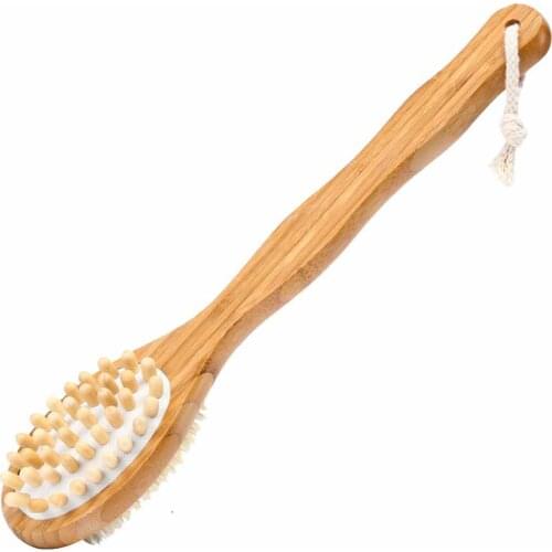 Double Side Massage Bristle Long Wooden Handle Bath Brush Spa Shower Body Cleaning Scrubber