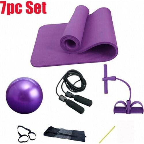 7Pc/set Yoga Pilates Fitness Set Kit 10mm Thick Yoga Mat Sit-up Pull Rope Expander Resistance Bands 25cm Rubber Ball Jump Rope