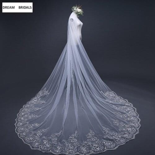In Stock White/Ivory Long Wedding Accessories With Comb 4x3 Meters Cathedral Veils One Layer Lace Edge Veil Wedding