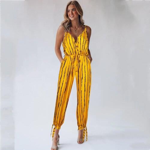 Jumpsuits Women Jumpsuit Woman Sexy Summer V-Neck Straps Striped Print Sleeveless Pockets Rompers Overalls For Women Playsuits
