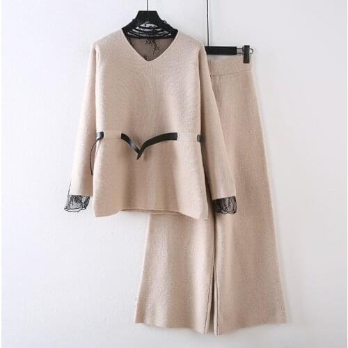 2 piece set women womens knitted suit autumn and winter new style fashion suit lace stitching slim pants suit two-piece suit