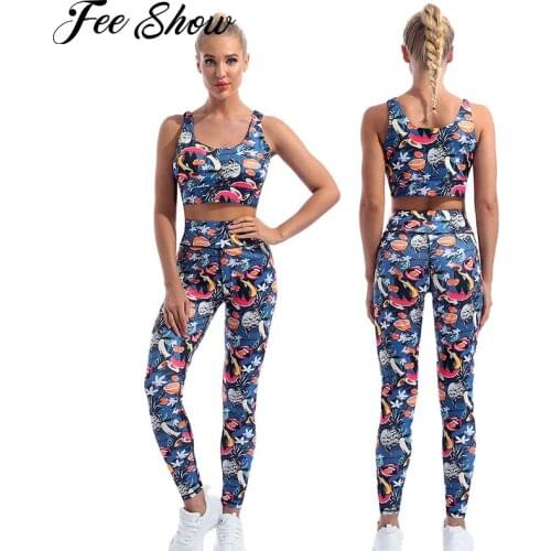 2Pcs Women Floral Print Sport Set Skinny Tracksuits U Neck Copped Top High Waist Leggings Pants Set for Yoga Gym Fitness Outfits