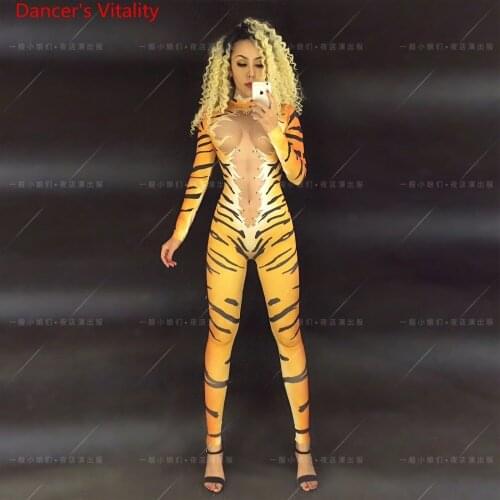 Nightclub Bar Tiger Strip Men Women Stage Wear Sexy Low-cut DJ Pole Jazz Dance Female Singer DS Body Suit Performance Costume