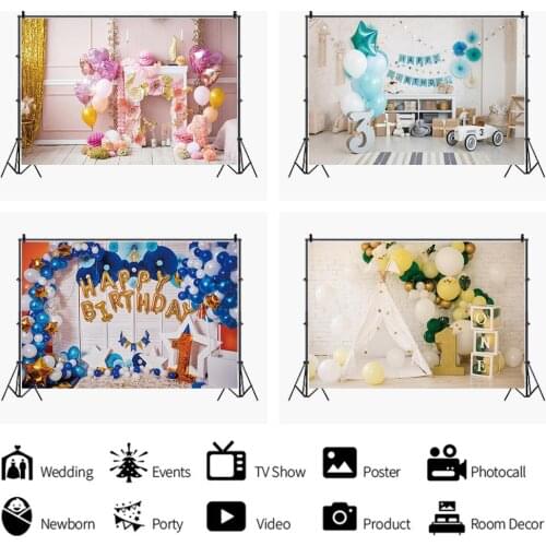 Beautiful Pink Balloons Cake Backdrops Photo Background Happy Birthday Party Decorations for Photography Props