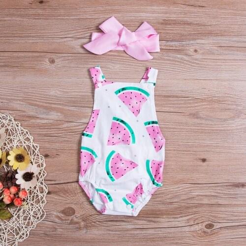 Summer Cute Baby Girls Romper Jumpsuit Headband Watermelon Printed Outfits Sunsuit Set New 0-24M Children Kids Clothes Hot