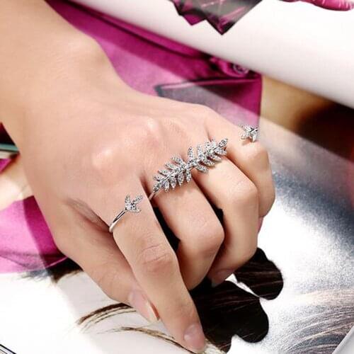 Personality Full Rhinestone Jewelry Unique Design Leaves Ring For Women Double Circle Opening Finger Ring