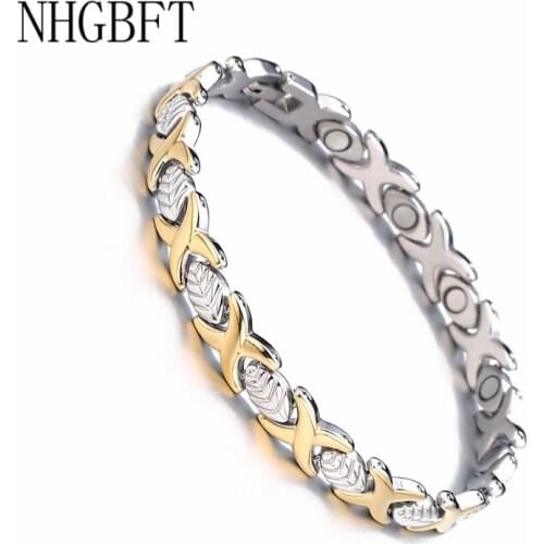 NHGBFT Gold Color Cross shape Magnetic Bracelets Bangles For Women stainless steel Energy Healthy Care Bracelet