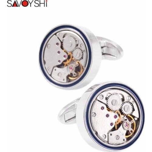 SAVOYSHI Fashion Mens Shirt Cufflinks High Quality Round Steampunk Watch Movement Business Cufflinks Silver Color Brand Jewelry