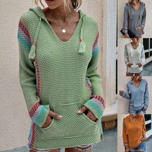 Fashion Women Autumn Long Sleeve Stripes Patchwork Hoodie Pocket Knit Sweater