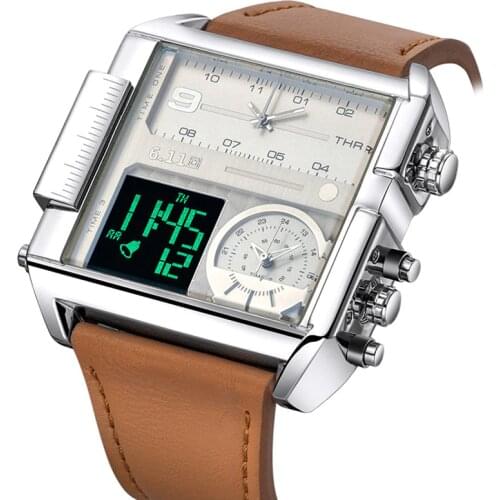 Original 6.11 Multiple 3 Time Zone Quartz Watches Square Men Watch Mens Leather Led Wristwatch Waterproof Relogio Masculino