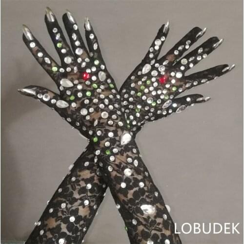 Black Gloves Rhinestones Stretch Transparent Bar Singer Ornament Crystals Stones Long Mittens Party Stage Accessories