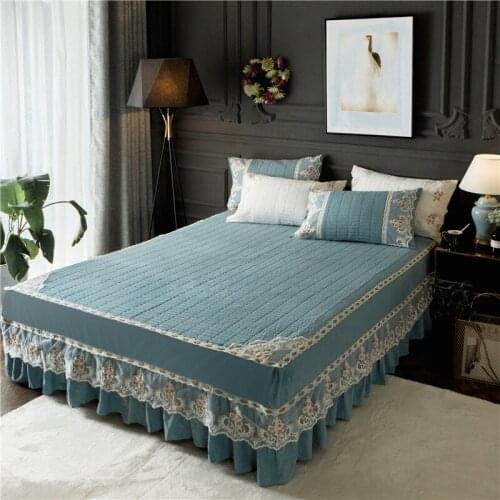 Pure Cotton Quilted Bed Skirt Fitted Sheet Anti-Slip Dust Cover plus Cotton Lace Bed Fence