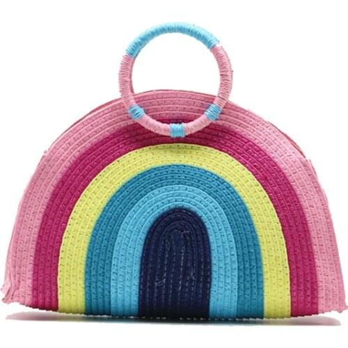 New Handmade Womens Handbag Summer Straw Beach Half-moon Bag Fashion Colorful Rainbow Female Woven Bag Designer Shopper Purse