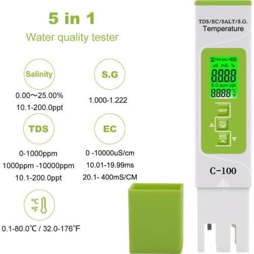 5 in 1 Water Quality Tester C-100 Multifunctional Salinity TDS EC Temperature Seawater Aquarium Test Pen Detector PH Tester