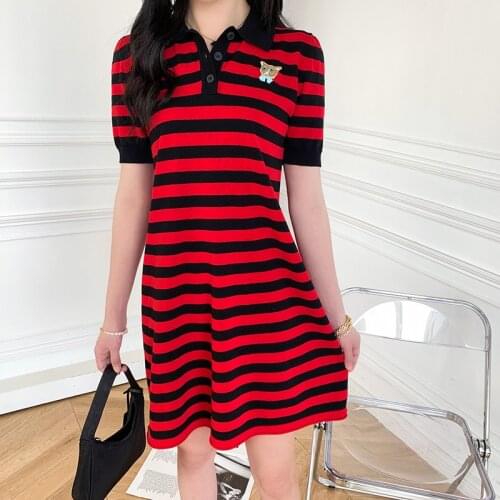 Knitted Design Red Black Striped A-Line Mini Dress Cat Embroidery Casual Brand New Cotton Polo Casual Dresses Summer Clothes