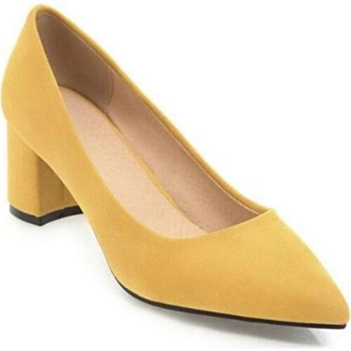 Thick High Heels Shoes Women Pumps Pointed Toe Work Shoes Slip On High Heels Spring Footwear Big Size 9 42 43 Red Yellow
