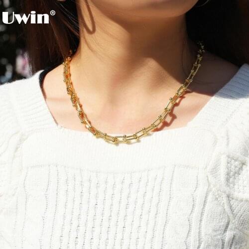 UWIN Fashion Jewelry U Shape Zinc Alloy Necklace for Men and Women Gold Silver Color Necklaces with Extended Chain for Gift