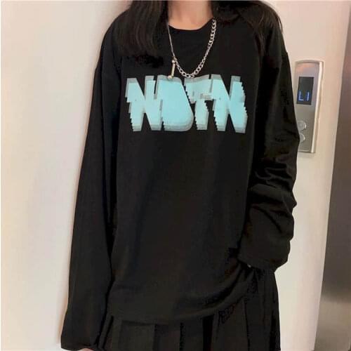 Spring Korean Oversized Tshirt Women T Shirt Retro Fuzzy Letter Printing T-shirt Harajuku Bf Loose Casual Long-sleeved Top