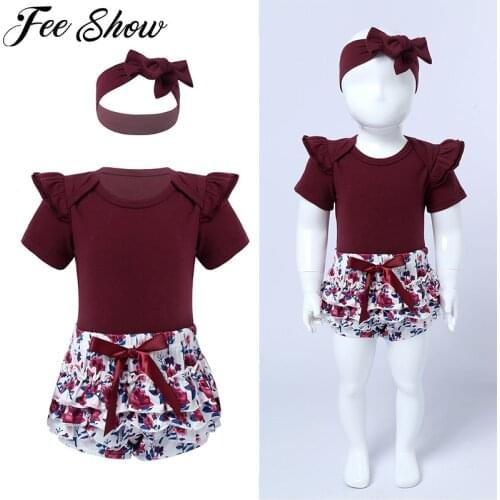 High Quality Baby Girls Clothes Short Sleeve Set Red wine Bodysuit+Floral PP Pant+Headband Summer Infant Baby Clothing Suit