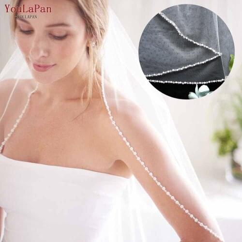 YouLaPan V34 Simple Wedding Tulle White Ivory Bride Veil With Comb Crystal Pearl for Women 1 Tier Fingertip Wedding Veil