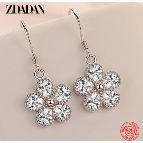 ZDADAN 925 Sterling Silver Flower Zircon Hanging Drop Earrings For Women Charm Jewelry Engagement Gift