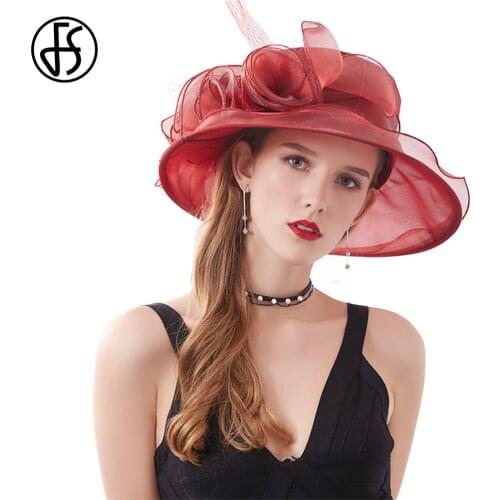 FS Summer Formal Kentucky Derby Hats For Women Elegent Pink Purple Flower Church Hat Ladies Wide Brim Fedoras Chapeau Mariage