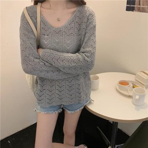 New V-neck Loose Hollow See-through Hedging Sunscreen Long Sleeve Knit Top Women