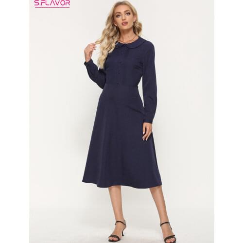 S.FLAVOR Women Navy Winter Midi Dress Elegant Peter Pan Collar Single Breasted A-line Vestidos Winter Pleated Working Dresses