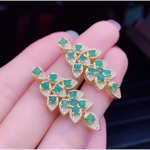 100% natural green emerald earrings Natural gemstone earrings S925 silver female party gift jewelry