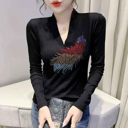 #8620 Spring Autumn Black Casual T Shirt Women Diamonds Cotton Skinny Basic T Shirt Female Long Sleeves V neck T-shirt Femme