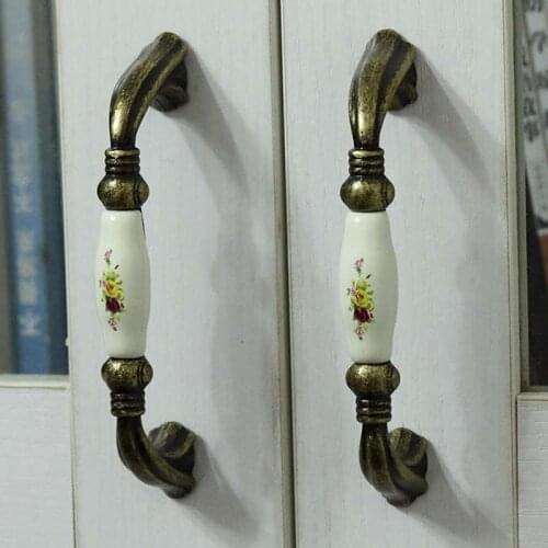 96mm 128mm Retro Rural printing flower ceramic kitchen cabinet wardrobe door handle antique bronze drawer shoe cabinet knob pull