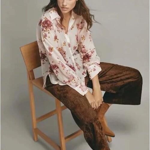 Elfbop Silk Cotton Laides Light Pink Long Sleeve Lapel Print Blouse Shirt Top