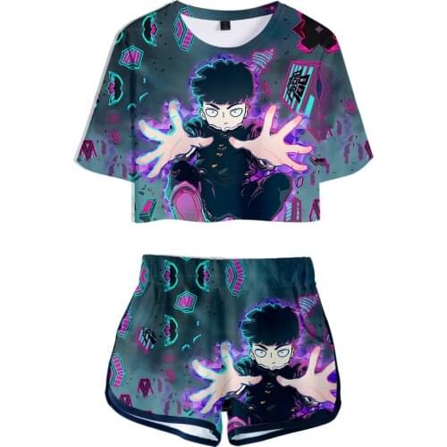 Mob Psycho 100 Crop Tops And Shorts Set Summer One Punch The Series Cartoon Clothes Set Stretchy Sexy Two Piece Set Tracksuit