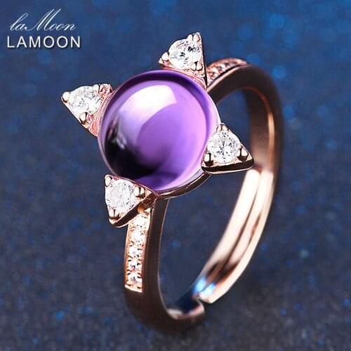 LAMOON Stars Cross 2.1ct 8mm 100% Natural Round Purple Amethyst Adjustable Rings 925 Sterling Silver Jewelry Gift LMRI008