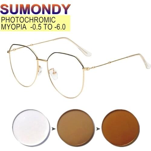 SUMONDY Photochromic Nearsighted Glasses Prescription -0.5 TO -6.0 Customizable Men Women Chameleon Myopia Spectacles UF115