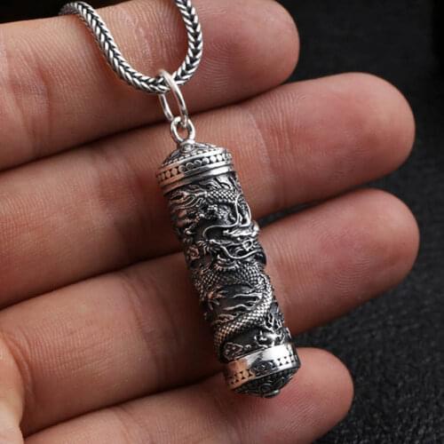 S925 Sterling Silver Vintage Thai silver ancient Tube Jewelry Dragon Design Punk Mens Memorial Pendant Holder Ash Urn Necklace