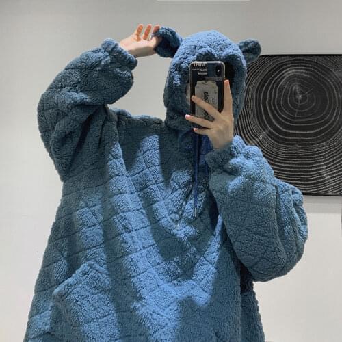 Hooded Sweatshirts Mens Cute Little Ears Solid Plus Velvet Thicken Loose Classic Big Pocket Tops Warm Coats Male Clothes