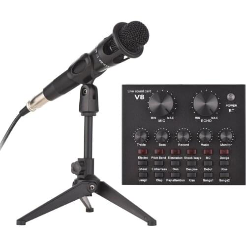 V8 External Live Sound Card Microphone Set Mini Sound Mixer Board for Live Streaming Karaoke Singing Recording BT Connection