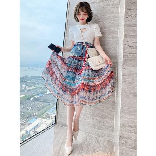 Top Quality Denim panel retro print high waist zipper A-Line New summer half skirt