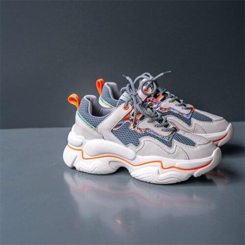 Princemiu Chunky Sneakers Women Cow Leather Mesh Retro Style Lace-Up Mixed Colors Lady Casual Thick Shoes